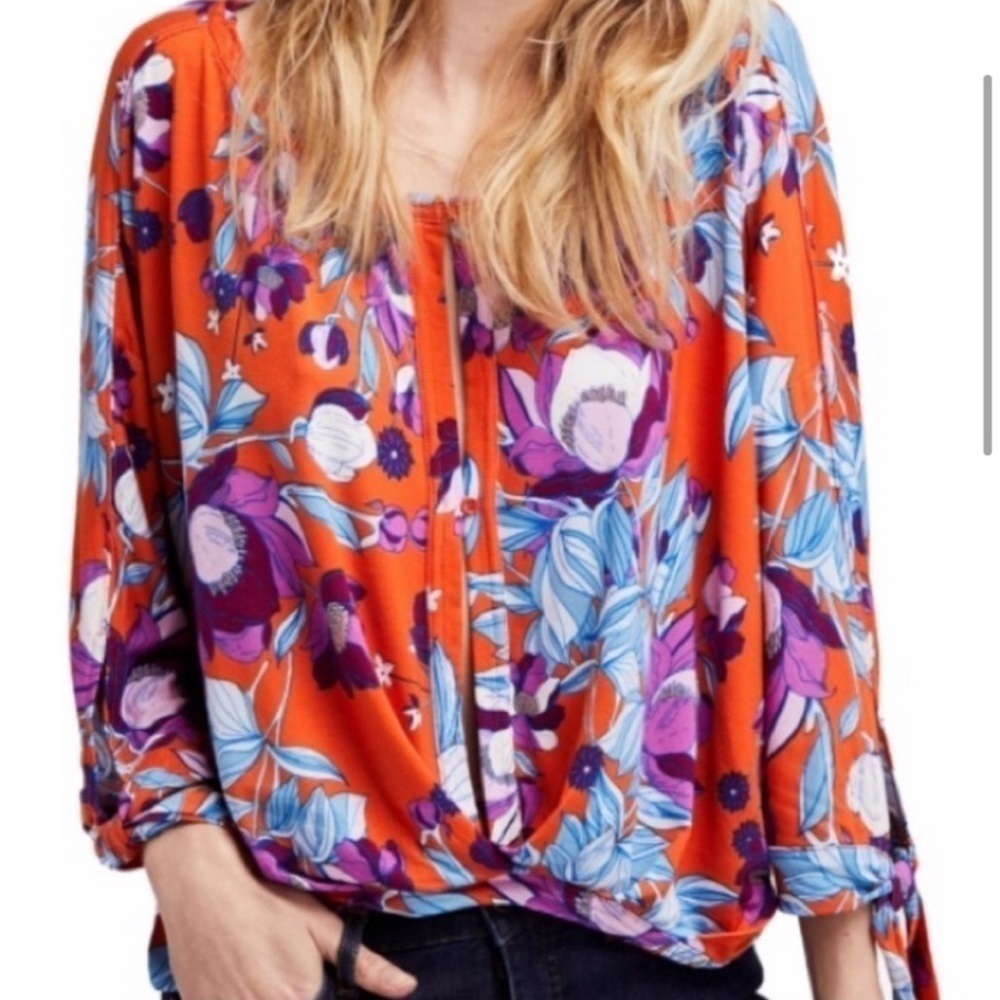 Free People OB749067 Floral Patterned Keepin On 3/4 Sleeve Tee Top Orange Sz XS